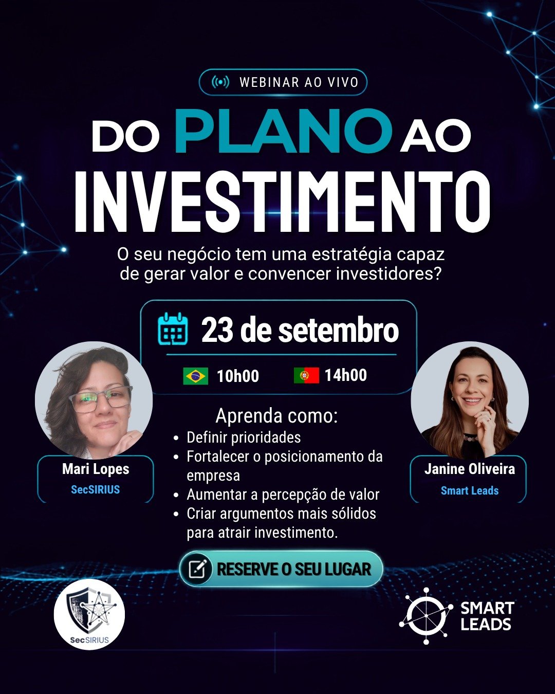 Cartaz da masterclass Do plano ao investimento, com Mari Lopes e Janine Oliveira